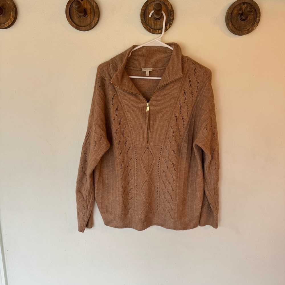 Talbots Camel Brown Half-Zip Cable Knit Sweater